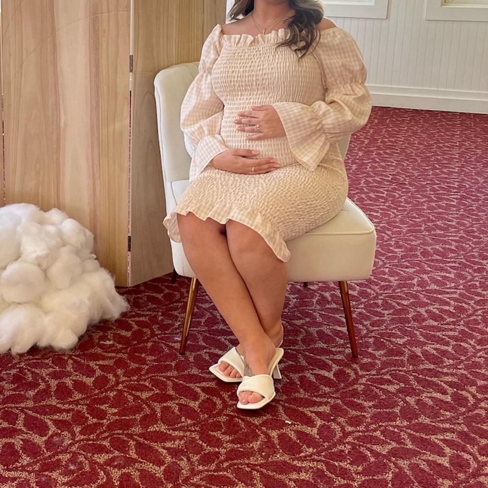 Smocked Gingham Puff Sleeve Midi Dress in Cream - Picture 2 of 2